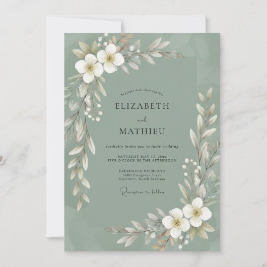 Invitation Mariage aux feuilles blanches et olive (Devant)