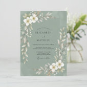 Invitation Mariage aux feuilles blanches et olive (Debout devant)