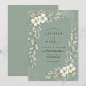 Invitation Mariage aux feuilles blanches et olive (Devant / Derrière)