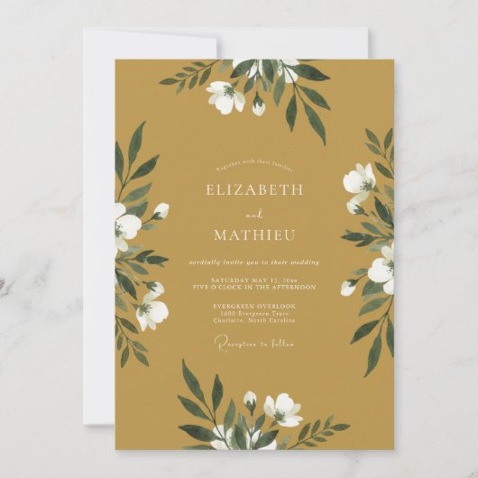 Invitation Mariage aux Feuilles Blanches Ocres (Devant)