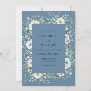 Invitation Mariage aux Feuilles Blanches sur Fond Ardoise
