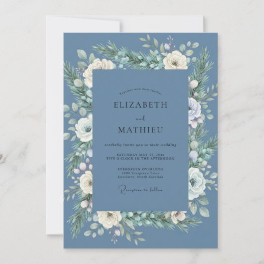Invitation Mariage aux Feuilles Blanches sur Fond Ardoise (Devant)