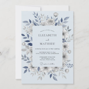 Invitation Mariage aux Feuilles Bleu Acier