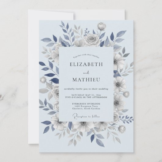 Invitation Mariage aux Feuilles Bleu Acier (Devant)