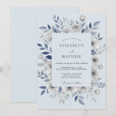 Invitation Mariage aux Feuilles Bleu Acier (Devant / Derrière)