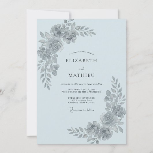 Invitation Mariage aux Feuilles Bleu Poudre (Devant)