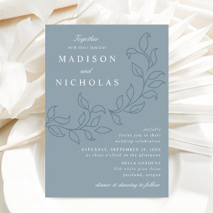 Invitation Mariage aux Feuilles Cascadantes Bleu Poussiéreux