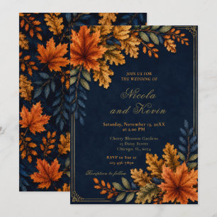Invitation Mariage aux Feuilles d'Automne Bleu Marine