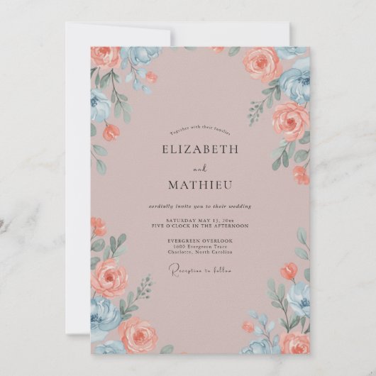 Invitation Mariage aux Feuilles de Cendre Corail (Devant)