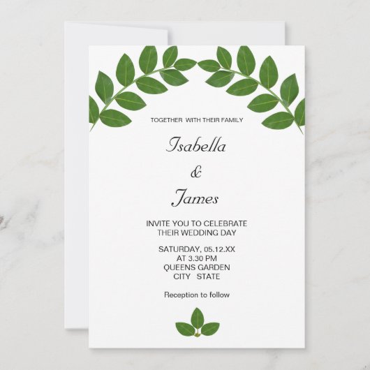 Invitation Mariage aux feuilles de Laurier Vert (Devant)