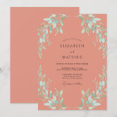 Invitation Mariage aux feuilles de menthe corail (Devant / Derrière)