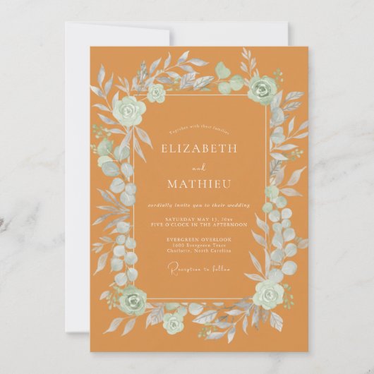 Invitation Mariage aux feuilles de menthe ocre (Devant)