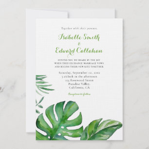 Invitation Mariage aux feuilles de Monstera vertes aquarelles