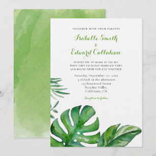 Invitation Mariage aux feuilles de Monstera vertes aquarelles
