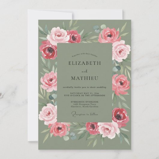 Invitation Mariage aux Feuilles de Olive Rose (Devant)