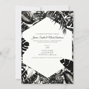 Invitation Mariage aux feuilles de palmiers tropicaux noir et