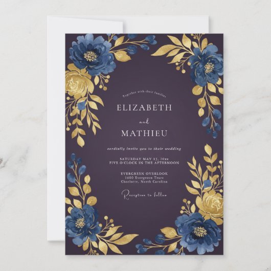 Invitation Mariage aux Feuilles de Prune Saphir (Devant)