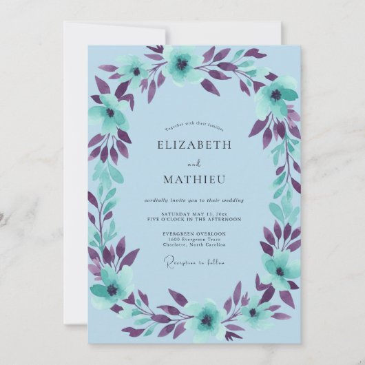 Invitation Mariage aux Feuilles de Prunier Sarcelle (Devant)