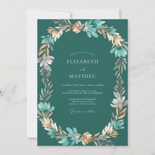 Invitation Mariage aux Feuilles de Téâl Foncé (Devant)