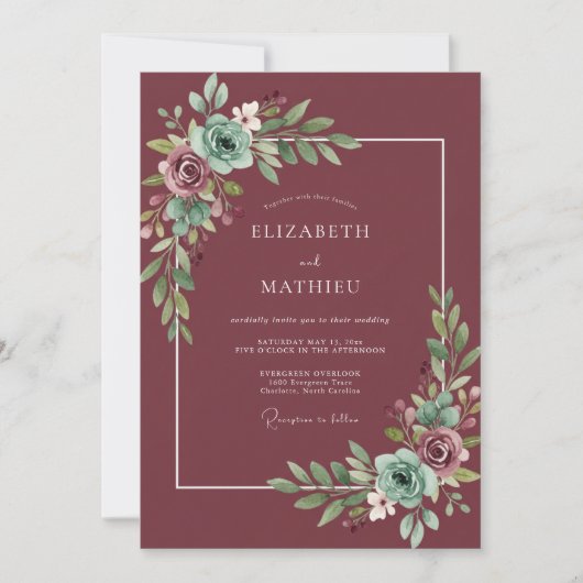 Invitation Mariage aux Feuilles de Teck Bleu-vert (Devant)