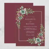 Invitation Mariage aux Feuilles de Teck Bleu-vert (Devant / Derrière)
