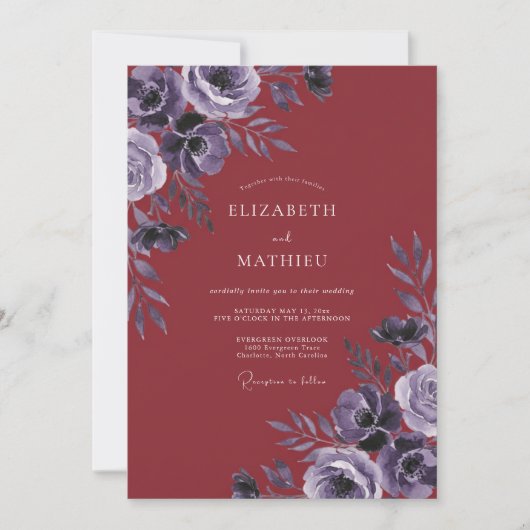 Invitation Mariage aux Feuilles de Violette Rouge Profond (Devant)