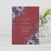 Invitation Mariage aux Feuilles de Violette Rouge Profond (Debout devant)