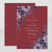 Invitation Mariage aux Feuilles de Violette Rouge Profond (Devant / Derrière)