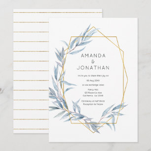 Invitation Mariage aux feuilles d'eucalyptus géométriques ble