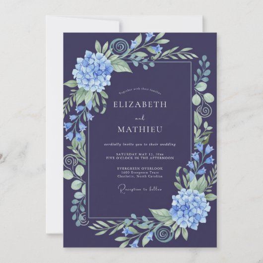 Invitation Mariage aux Feuilles d'Hydrange Indigo (Devant)