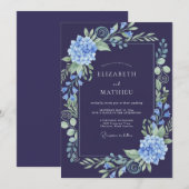 Invitation Mariage aux Feuilles d'Hydrange Indigo (Devant / Derrière)