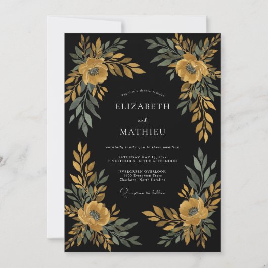 Invitation Mariage aux Feuilles d'Ocre Noir (Devant)