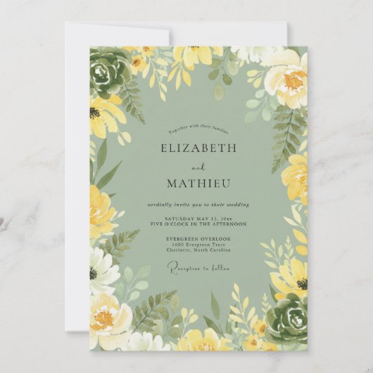 Invitation Mariage aux feuilles d'olive jaune (Devant)