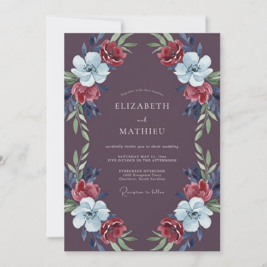 Invitation Mariage aux Feuilles Écarlates de Prune (Devant)