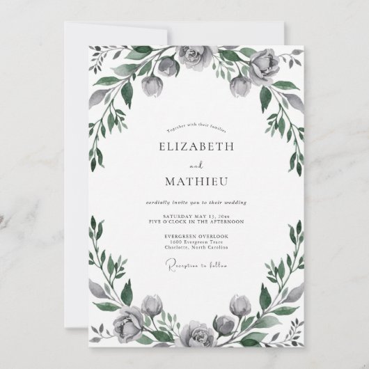 Invitation Mariage aux Feuilles Grises Acier (Devant)