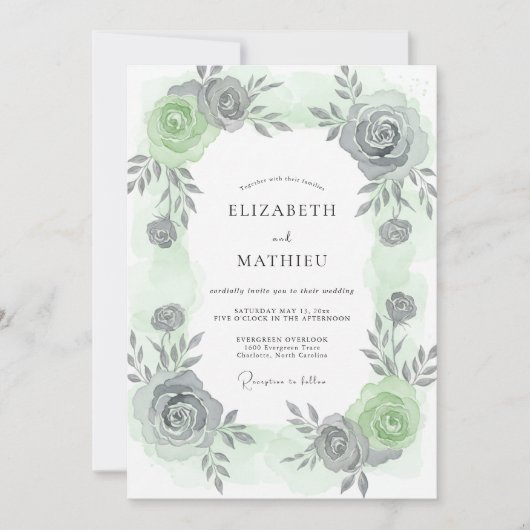 Invitation Mariage aux Feuilles Grises Argentées (Devant)