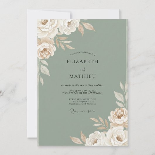 Invitation Mariage aux feuilles grises olive (Devant)