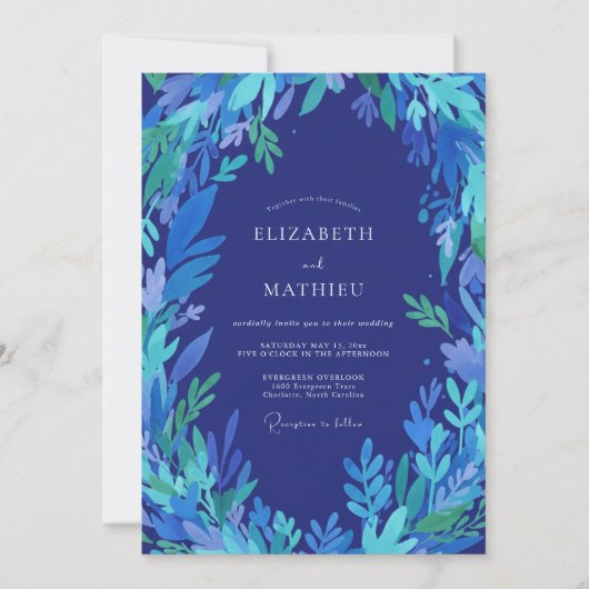 Invitation Mariage aux feuilles indigo cobalt (Devant)