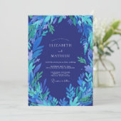 Invitation Mariage aux feuilles indigo cobalt (Debout devant)
