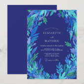 Invitation Mariage aux feuilles indigo cobalt (Devant / Derrière)