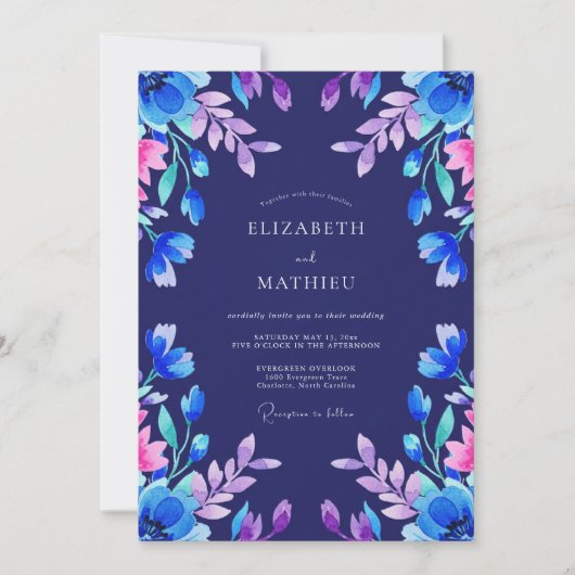 Invitation Mariage aux Feuilles Indigo Magenta (Devant)