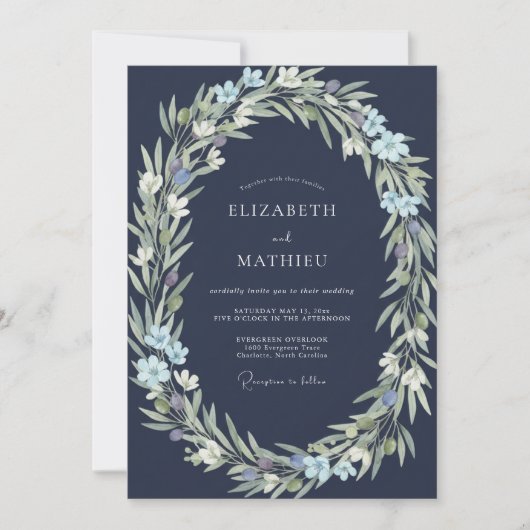 Invitation Mariage aux Feuilles Indigo Navy (Devant)