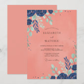 Invitation Mariage aux Feuilles Peintes de Corail (Devant / Derrière)