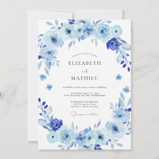 Invitation Mariage aux Feuilles Peintes de Pervenche (Devant)