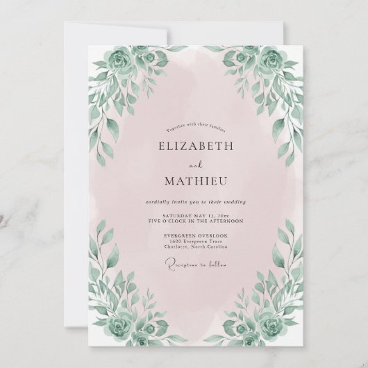 Invitation Mariage aux Feuilles Rose Pâle (Devant)