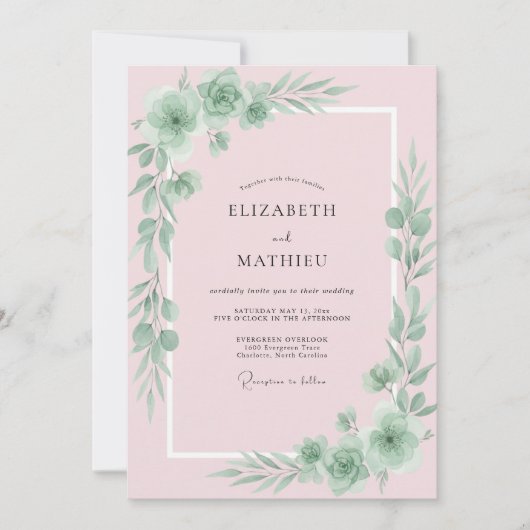 Invitation Mariage aux Feuilles Rose Pastel (Devant)