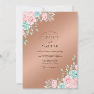 Invitation Mariage aux Feuilles Roses Cuivre