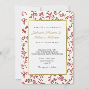 Invitation Mariage aux Feuilles Rouges Crème Romantique