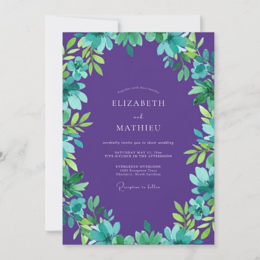 Invitation Mariage aux feuilles sarcelle violette (Devant)