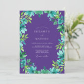 Invitation Mariage aux feuilles sarcelle violette (Debout devant)